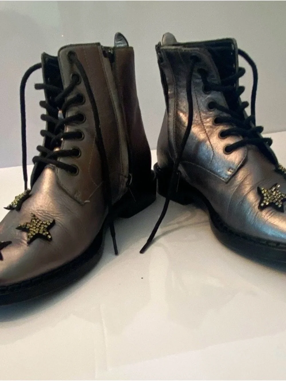 Coach Metallic Silver Lace-Up Star Embellished Ankle Boots - Women